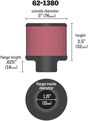 Miniatura 3 de K&N Filtro de aire de ventilación/respiradero: Alto rendimiento, Premium, Lavable, Filtro de motor de repuesto: Diámetro de la brida: 1.25 pulgadas,