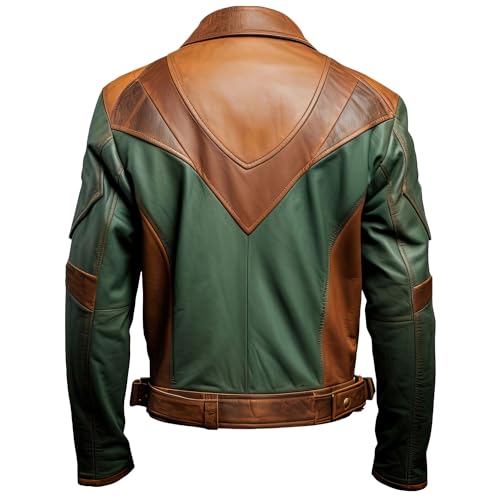 Generic Men's Distressed Brown Sea Green Leather Jacket with Shirt Collar, Lightweight Racing Style2