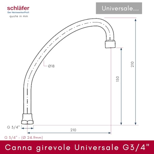 Schläfer 400811 | HU-Auslauf für Stand- und Wandarmatur | 200 mm | HU-Rohrauslauf mit Mischdüse M22, Universal-Ersatz-Hochdrehrohr, Schwenkbarer Auslauf für Wasserhahn, Überwurf mit 3/4