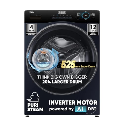 Haier 7 Kg 5 Star Powered by AI-DBT with PuriSteam, 525mm Super Drum Fully Automatic Front Load Washing Machine (HW70-IM12929BK, Inverter Motor with In-Built Heater, Black)