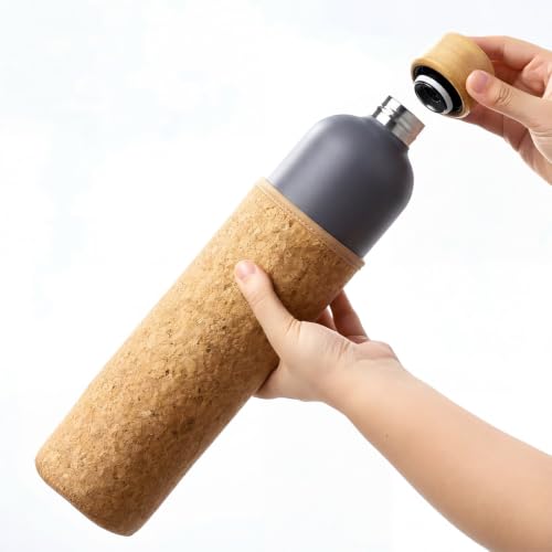 Acellegic Sauna Water Bottle with Bamboo Lid 33 Oz/1 Litre Cool to Touch in Hot Saunas, Double-walled Insulated Stainless Steel Water Bottle with Cork Neoprene Outer Layer (Dark Gray,Slim)