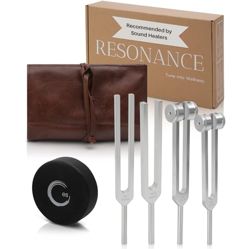 Resonance Tuning Forks for Healing Set – Weighted & Unweighted Tuning Fork Set Including 128Hz, 136Hz, 256Hz, 384Hz & Hockey Puck Activator – Chakra Sound Therapy Instruments in a Vegan Leather Pouch