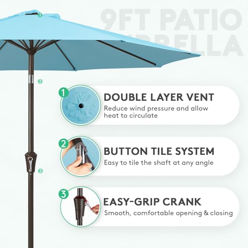 Image of JEAREY 9FT Patio Umbrellas Outdoor Table Umbrella with Push Button Tilt and Crank, Market Umbrella 8 Sturdy Ribs UV Protection Waterproof for Garden, Deck, Backyard, Pool (Sky Blue)