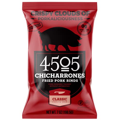 4505 Meats Classic Chili & Salt Pork Rinds, Gluten Free Chicharrones, Keto Certified, Family Size Bag, 14 Servings, 7 Ounces