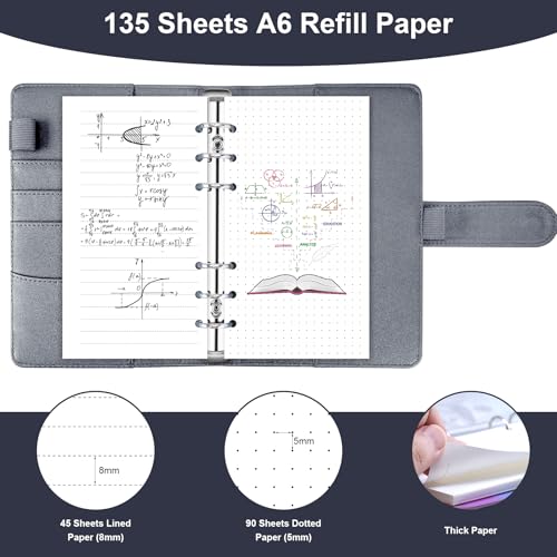 AKONEGE Ringbuch A6 PU-Leder nachfüllbares Notizbuch mit 135 Blatt 6 Löcher A6-Nachfüllpapier, Bindertaschen, Trennblätter, Haftmarkern, Planer-Organizer für Reisen, Arbeit, Schule - Schwarzglitter