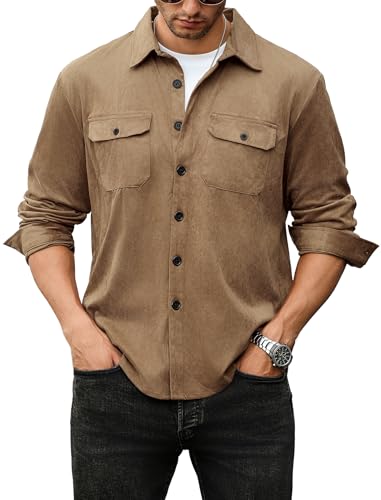 Image of ZAFUL Men's Faux Suede Button Down Shirts Jacket Lightweight Shirt Jacket Long Sleeve Work Coat Solid Color Overshirt
