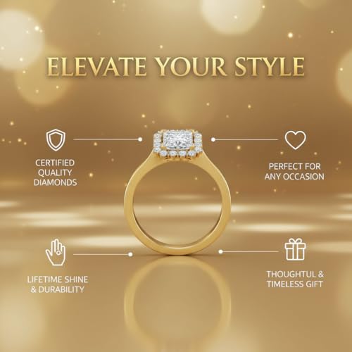 Image of Choose Your Gemstone Floating Halo Diamond CZ Ring Yellow Gold Plated Princess Shape Halo Engagement Rings Everyday Jewelry Wedding Jewelry Handmade Gifts for Wife US Size 4 to 12