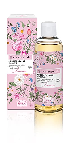 Helan, Cuor di Petali, ICONICA, Champú y Baño de Burbujas Natural y Delicado para Cuerpo y Cabello, Perfumado con Pétalos de Rosa, Malva y Vitamina C - Espuma de Baño Relajante, 200 ml - Made in Italy