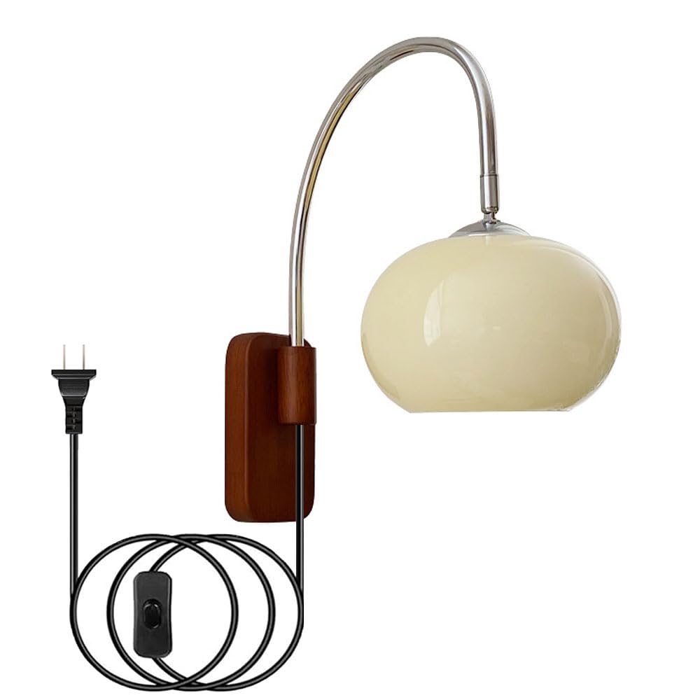 HYJAUSXB Plug in Wall Sconce Mid Century Modern Art Deco Sconces, Gooseneck Arm, Bauhaus lamp Lighting with Glass Shade, Indoor Mount Lights for Bedroom Living Room Bathroom (Gray) (Cream)