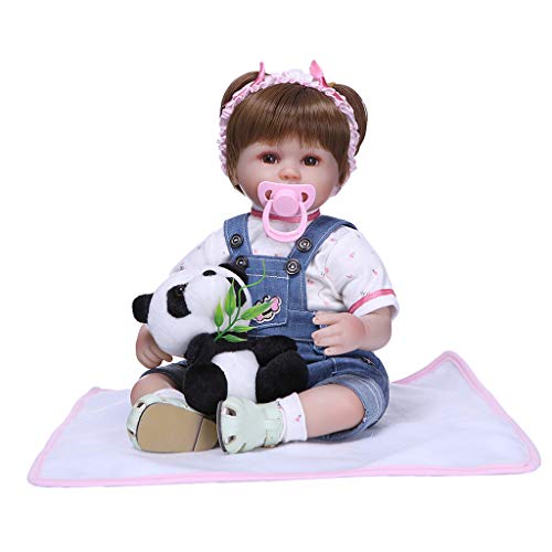 Toygogo Bebé Reborn de Silicona Suave y Algodón PP, Muñeca Realista con Juquete de Oso Panda y Ropa de Estilo Vaquero para Abrazar de 40 cm [953-007]