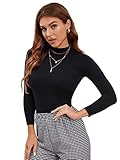 SheIn Damen Strick Pullover Stehkragen Slim Pulli Basic Rippenstrick Langarmshirts Stretch Oberteil Schwarz M