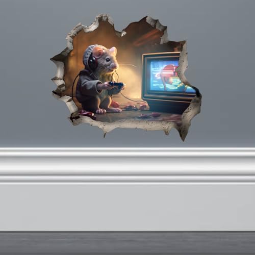 Mouse Playing Video Games Hole in Wall Sticker - Funny Hole in Wall 3D Peel and Stick Sticker Decal for Teen Dorm - Premium Quality Vinyl Stickers 2-Pack | 5-Inch on Widest Side | Made in USA FHJ1385