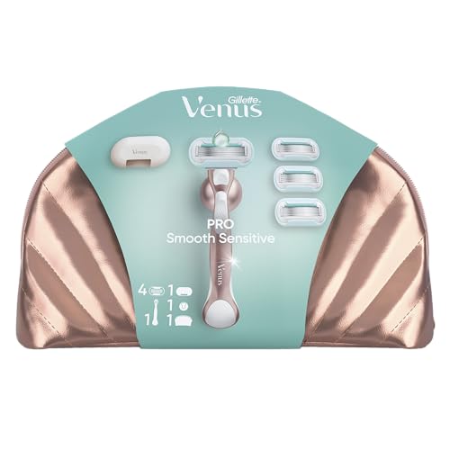 Gillette Venus Pro Smooth Sensitive - Juego de 4 cuchillas de mano + colgante de ducha + tapa protectora de viaje + bolsa de cosméticos