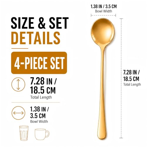 Long Handle Coffee Spoons, Set of 4, 7.28-Inch Gold Stirring Spoons