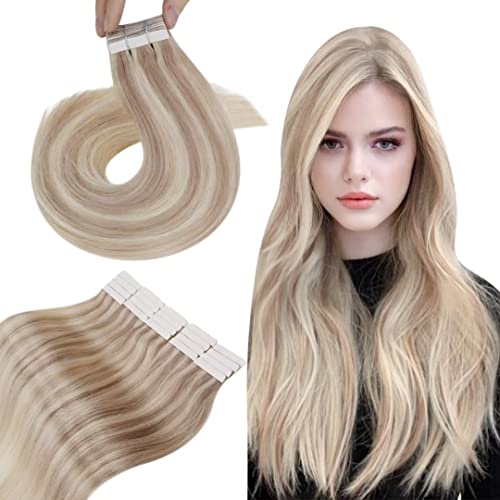 Hetto Extension Cheveux Adhesif Naturel Long Extension Bande Adhesive Cheveux Humain Blond Cendré avec Bleach Blond #18/613 Extension Adhesif Cheveux Remy Blond 45cm 50g 20pcs