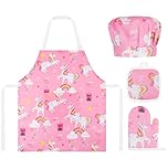 ABOHU Kids Apron and Chef Hat Set, Children Apron Adjustable with Pocket, Including Oven Gloves and Heat Protection Pad, Unicorn Print Kitchen Apron for Toddler, for Cooking, Baking, Painting