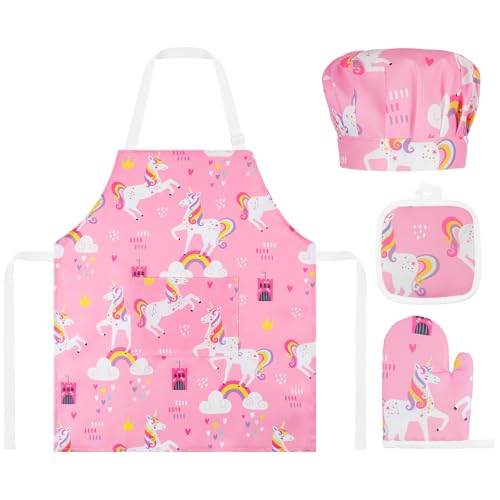 ABOHU Tablier de Cuisine Enfant avec Toque, Gants de Cuisine et Manique,Tablier de Cuisine Réglable avec Poches,Tablier Enfant Ecole Filles ou Garçons pour Cuisson Peinture Artisanat Jardinage