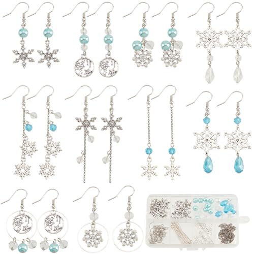 SUNNYCLUE 1 Box DIY 10 works Christmas Charms Earrings Making Kit Antique Silver Snowflake Charms Winter Blue Faceted Glass Beads Linking Rings Dangle Earring Hooks for Jewellery Making Kits Adult