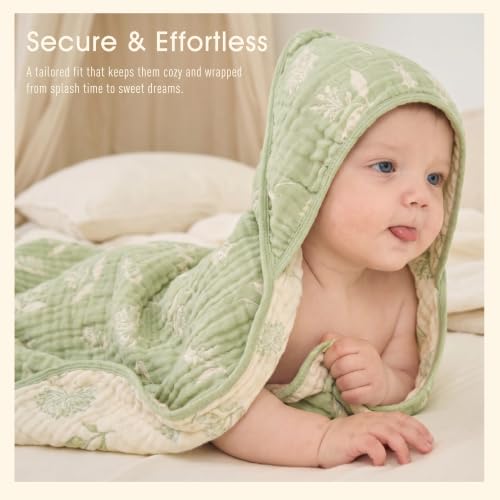 Image of Ultra-Soft Muslin Baby Hooded Towel - 32 x 32 Inches, Ideal for Bath & Beach, Suitable for Both Boys & Girls from Newborns to Toddlers (Sage Green Floral)
