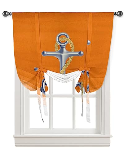 BOBOWUNY Nautical Anchor Tie Up Curtains for Kitchen Bathroom Bedroom Windows 54 Inch Length, Balloon Drape Curtains Shade Rod Pocket Drapery Curtain Summer Ocean Sea Beach Geometric 1 Panel, 42
