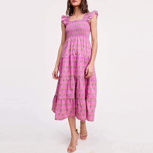 Image of Women Patchwork Dress Y2k Floral Puff Short Sleeve Maxi Dress Summer Boho Smocked Tiered Ruffle Beach Sundress