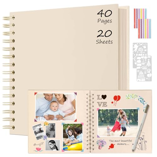 Boic Álbum de Fotos Scrapbook 21x21cm, DIY Espiral Álbum de Recortes para Pegar y Escribir 40 Páginas, Regalos de Boda Aniversario Bebé Cumpleanos Familiares (Blanco Lechoso)