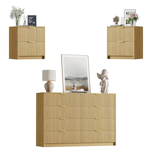 Image of Furniway Modern Natural Oak Bedroom Set, Fluted Wood 8 Drawer Dresser with Elegant Gold Handles and 2 Drawer Nightstands, 3 Piece Storage Furniture