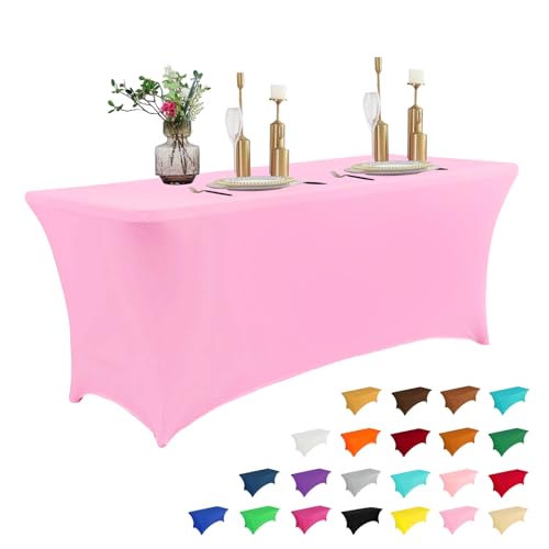 Image of IVAPUPU 6FT Table Cloth for Rectangular Fitted Events Stretch Pink Table Covers Washable Cover Spandex Tablecloth Protector for Party, Wedding, Cocktail, Banquet, Festival