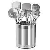 Hillbond Stainless Steel Utensil Holder with Removable Divider for Easy Clean, 360° Rotating Kitchen Utensil Crocks with Weighted Base for No Tipping Over, Utensil Caddy Organizer, Extra Large