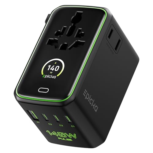 Epicka Pulse Duo 140W Universal Travel Adapter with Smart Display, International Power Adapter with 3.28ft Cable, 2 AC Outlets PD 3.1 PPS Charger Compatible with MacBook, iPhone, Travel Essentials