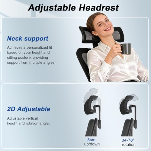 Durrafy Bürostuhl Ergonomisch, Schreibtischstuhl mit 3-stufiger Neigungsarretierung, Verstellbarer Kopfstütze, Armlehnen & Lendenstütze, Chefsessel Belastbar bis 150KG, Drehstuhl für Büro & Homeoffice