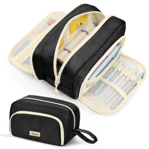 Image of SUNEE Cute Pencil Case, Aesthetic Pen Pouch with 3 Compartments, Kawaii Colored Large Pencil Bag with Zipper, Stationery Storage and Organizer, Black School Supplies for Teen and Adult Girls