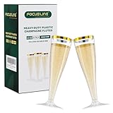 FOCUSLINE Champagnergläser aus Kunststoff, 130 ml, Goldrand, Einweg-Champagnergläser für Wein, Cocktails, Mimosen, Einweg-Toastgläser, perfekt für Partys und Feiern, 50 Stück