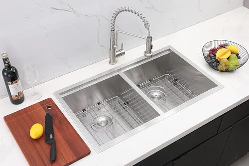Comllen 33x19 inch Double Bowl Undermount Kitchen Sink,33 inch Workstation 16 Gauge Stainless Steel Kitchen Sinks Undermount,9 inch Deep Kitchen Sink with Kit of 5 Accessories