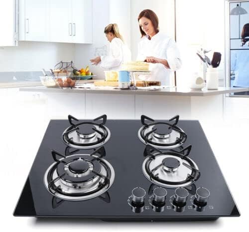 23” Built-in Gas Cook Cooktop Stove, 4 Burner NG/LPG Gas Hob Cooktop Electronic Ignition High-Power Gas Stove Countertop Tempered Glass Easy to Clean Cooker