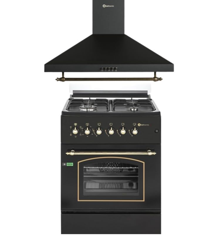 CONJUNTO PACK COCINA A GAS SOLTHERMIC HORNO ELÉCTRICO F6S40E5RB + CAMPANA 60 CM A JUEGO NEGRA RÚSTICA RIBETES DORADOS 350m3/h