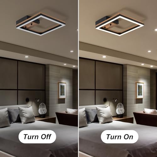 Image of Modern Square Led Ceiling Light, Dimmable Wood LED Flush Mount Ceiling Light Fixture, Minimalist Wood Ceiling Lamp for Kitchen, Bedroom, Hallway