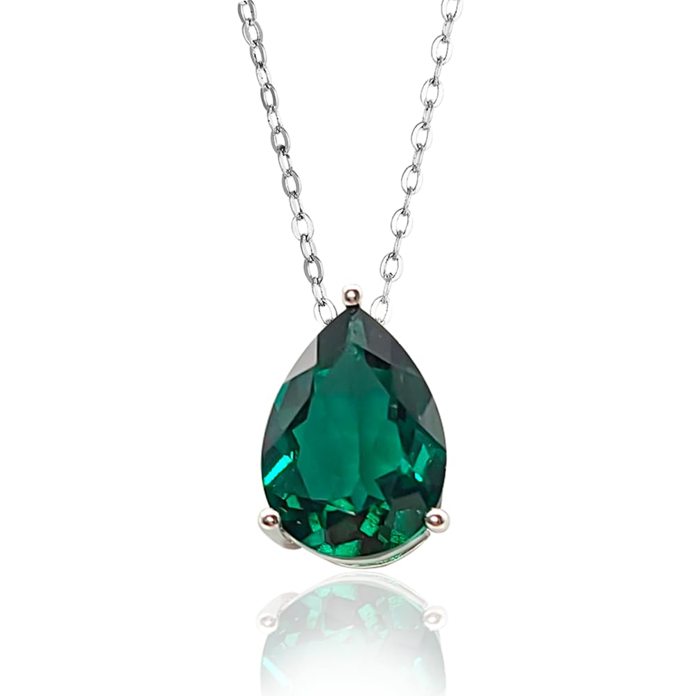 Created Emerald Green 925 Sterling Silver Women's Pendant 45cm Necklaces Pear Cut 5.5 Carats May Birthstone Simple Casual Style Gift for Her, Rhodium Plated, Created Emerald