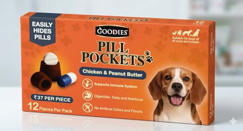 Image of Goodies Pill Pockets Dog Treats, Chicken and Peanut Butter Flavor, 12 Soft Chews, Supports Immune System, for All Breeds (Pack of 1 with 12 Soft Chews - 38g) Exclusively By DogsNCats
