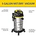 STANLEY Shop Vacuum Wet/Dry, 5 Gallon, 4 Horsepower, Stainless Steel Wet/Dry Vac Silver+Yellow+Black