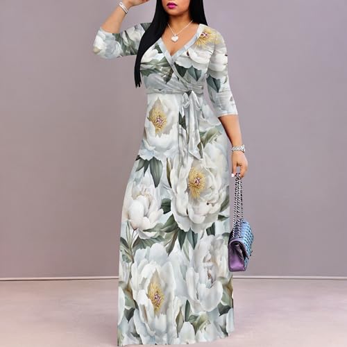 Image of Plus Size Maxi Dress for Women V Neck Flowy Dresses with Pockets for Wedding Guest Church