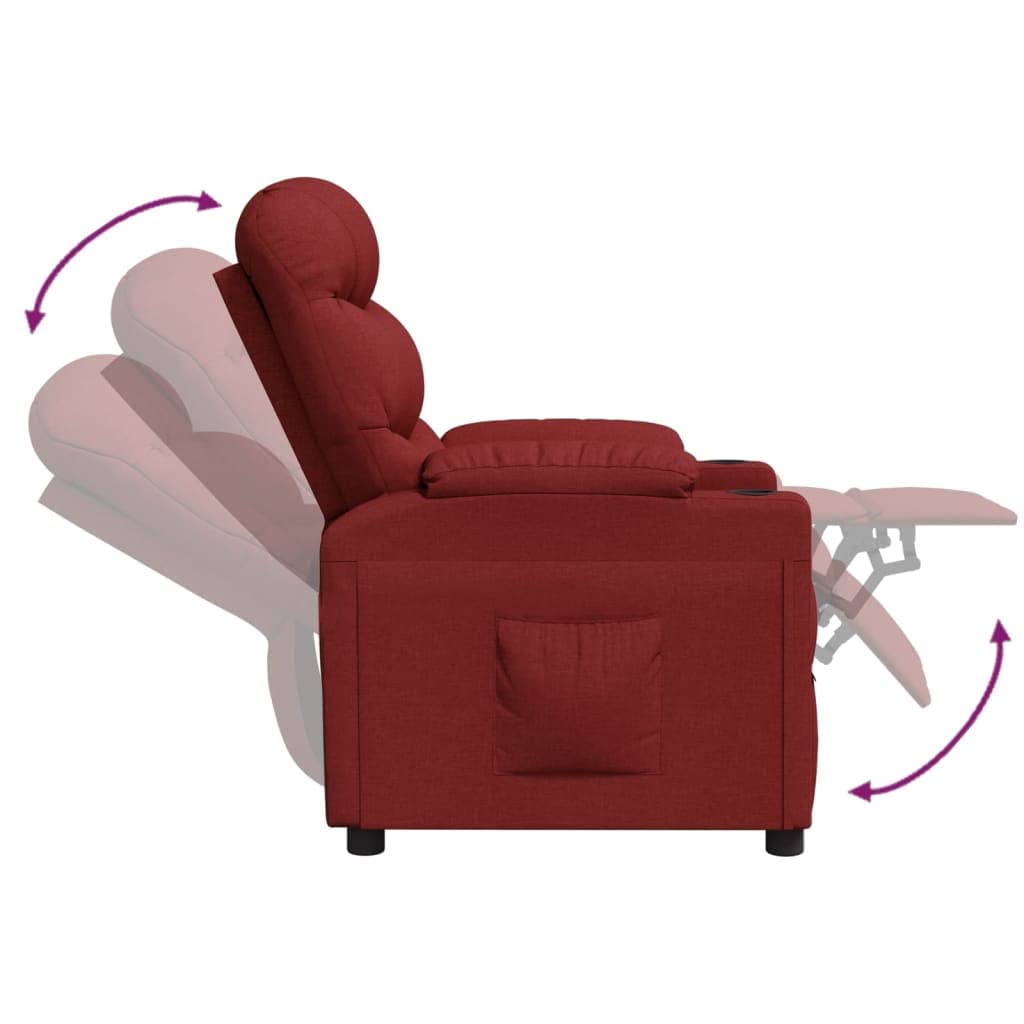 Fotel relaksacyjny z materiału w kolorze czerwonego wina z regulowanym oparciem i podnóżkiem, wyściełane siedzisko, rama drewniano-metalowa, ergonomiczny fotel do salonu, biura, czytania i