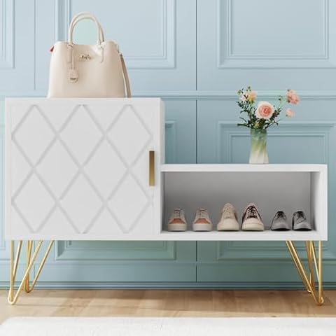 yoyomax Storage Bench with 2 Compartments & Adjustable Shelf, Holds up to 350lb Shoe Rack for Entryway/Hallway(30in, White) Cover