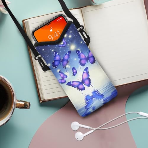 Image of Neoprene Cellphone Crossbody Bag Small Cell Phone Case Waterproof Crossbody Sling Bag with Adjustable Strap Hands-Free for Women Men, Violet Butterfly Water Reflection Blue