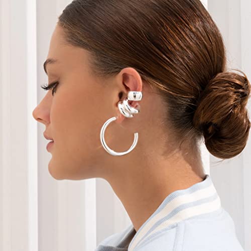 Avemaría Set X4 Earrings 24K Silver-Plated The Trend Silver - Rose Gold ( 2 Units Xl Ear Cuff, 1 Unit Bold Ear Cuff, 1 Pair Hoops 40Mm) Cuffs Jewelry Non Piercing Fake Piercings Earring For Women Girls Clip On Cartilage Colombian Design Dainty (Silver) #TOP2