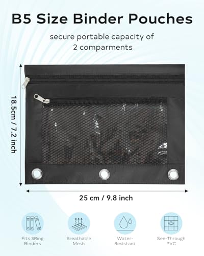 Image of Pencil Pouch for 3 Ring Binder - 3 Hole Zipper Pen Case Bag Holder Bulk Accessories Clear Window Aesthetic Organizer Pockets