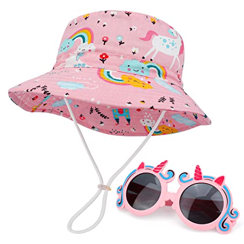 JUPSK Juego de Gorro y Gafas de Sol de Unicornio para niños, Gorro de Playa con Gorro de Verano, Gafas de Sol Plegables con protección UV y Marco de Silicona para niñas de 2 a 5 años
