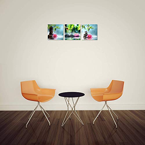 Tutubeer Zen Canvas Prints 3 Panel Spa Wall Decor Spa Stone Green Bamboo Pink Waterlily Zen Buddha Pictures Canvas Painting Print For Home Office And Kitchen Stretched And Framed Each Panel 12X12Inch #TOP3