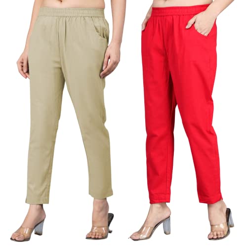 Image of Regular Fit Fully Elastic Waist Ankle Length Premium Cotton Casual Trouser Pant (Combo Pack of 2)