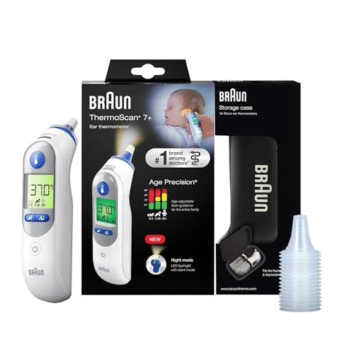 Braun IRT 6525 Healthcare ThermoScan 7 Ear Thermometer with Age Precision and Color Coded Display Temperature Screening Fever Fast Easy to Use and Night Mode with 60 Caps - White
